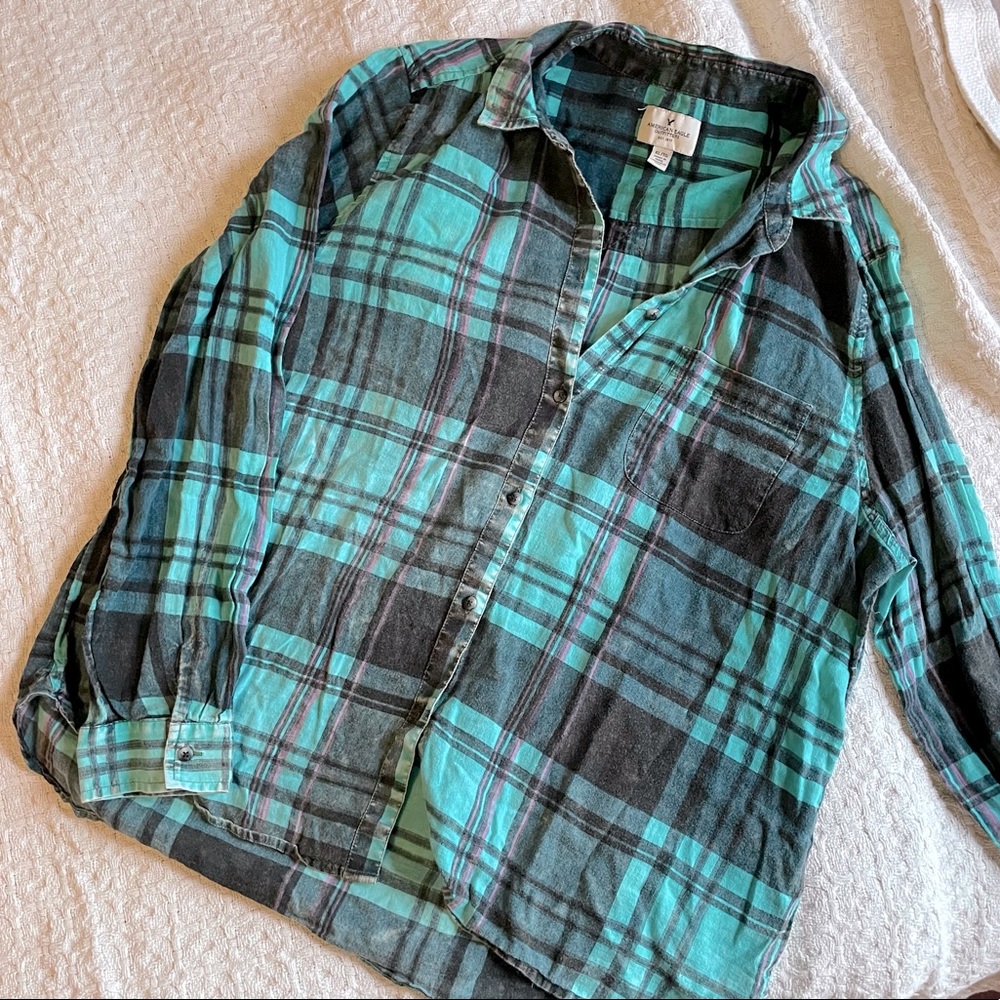 American Eagle Long Sleeve Green, Black, Pink Plaid Shirt | Size XL